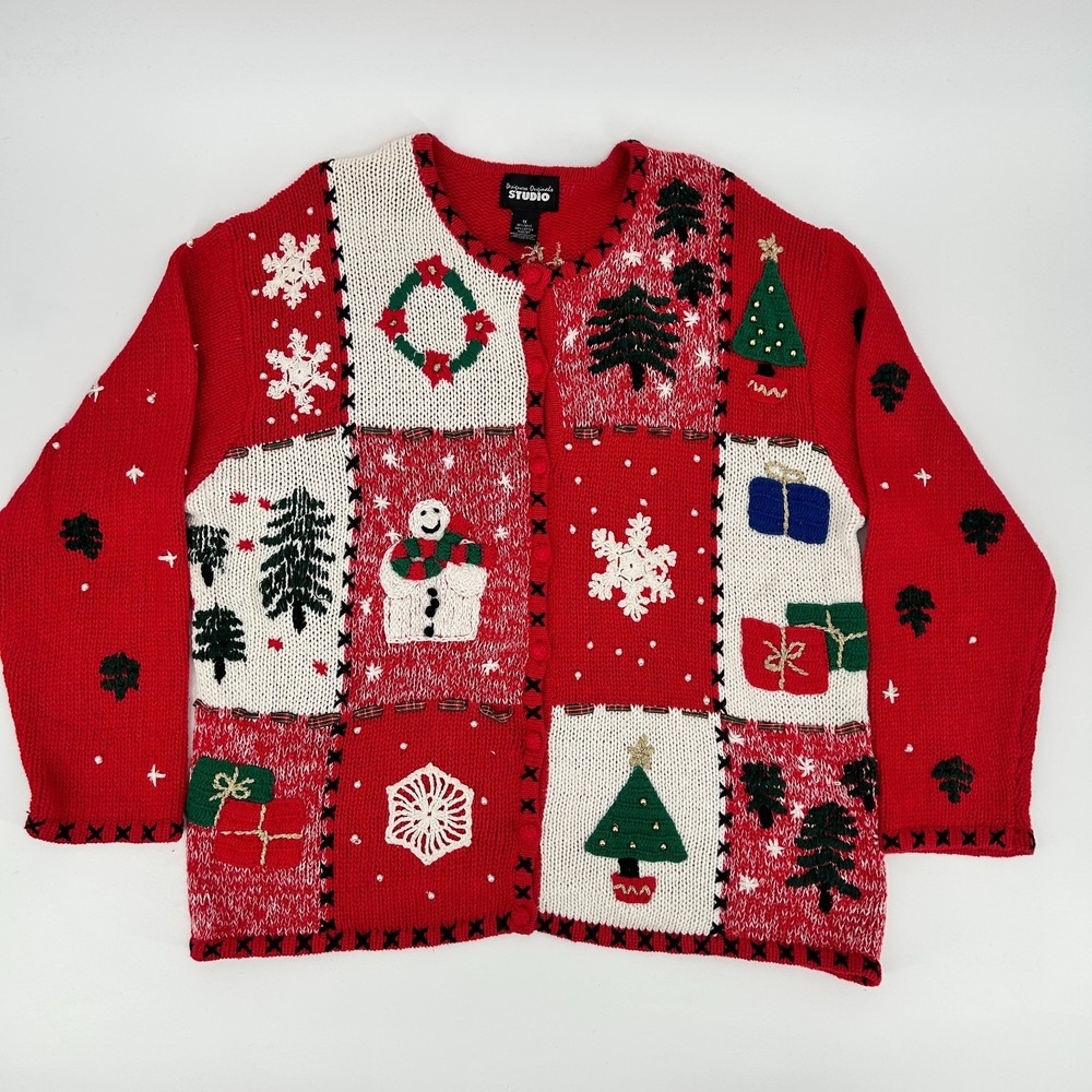 Vintage Designers Originals 3D Patchwork Christmas Cardigan Womens 1X Unique